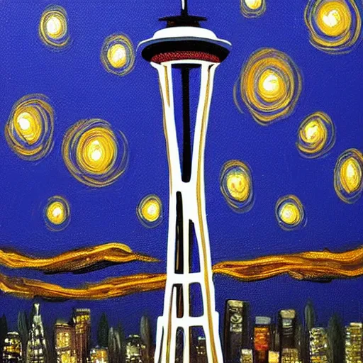 Prompt: space needle painting in the style of starry night