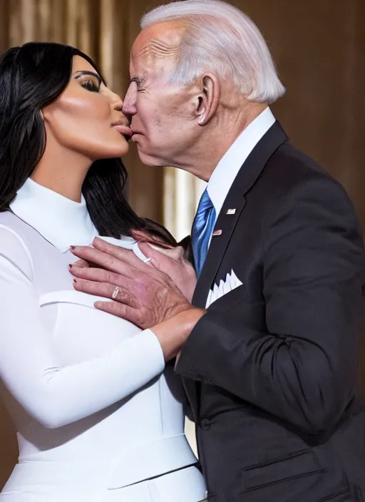 Image similar to film still of kim kardashian being kissed to sleep by joe biden, 8 k