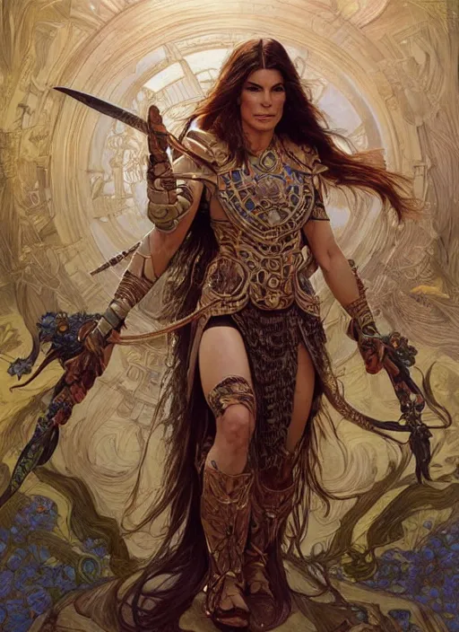 Image similar to Sandra Bullock as a beautiful warrior woman, fantasy, intricate, elegant, highly detailed, centered, digital painting, artstation, concept art, smooth, sharp focus, illustration, art by artgerm and donato giancola and alphonse mucha