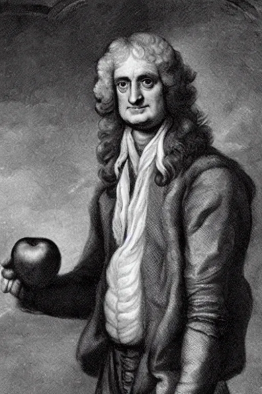 Image similar to isaac newton holding an apple, collage