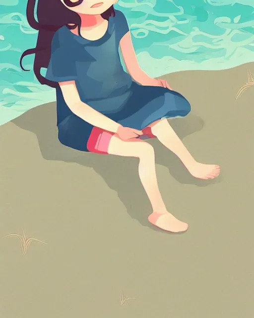 Image similar to a little girl sit beach. clean cel shaded vector art. illustration art by lois van baarle