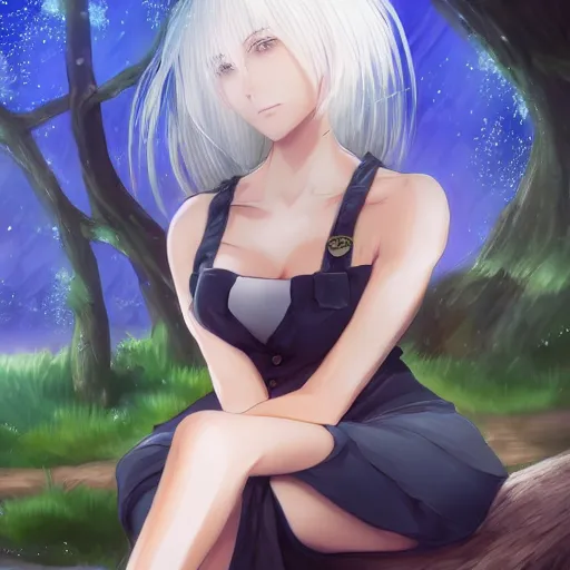 Image similar to beautiful anime girl with white hair sitting next to a tree which was formerly a human, artstation, high quality, highly detailed, drawn wpl