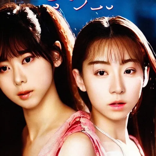 Image similar to 1990s, unbelievably beautiful, perfect, dynamic, epic, cinematic 8K HD movie shot of two semi-close-up japanese beautiful cute young J-Pop idols actresses girls, they express joy and posing together. By a Chinese movie director. Motion, VFX, Inspirational arthouse, high budget, hollywood style, at Behance, at Netflix, with Instagram filters, Photoshop, Adobe Lightroom, Adobe After Effects, taken with polaroid kodak portra