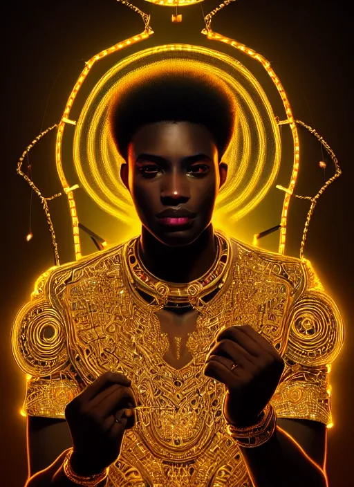 Image similar to portrait of young black man with glowing jewels, afro - futurist style, intricate, elegant, glowing lights, highly detailed, digital painting, artstation, concept art, smooth, sharp focus, illustration, art by wlop, mars ravelo and greg rutkowski