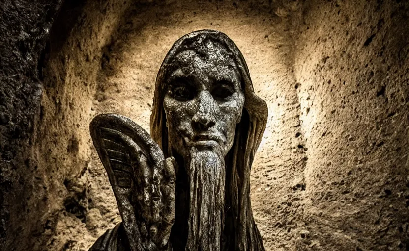 Prompt: decrepit creepy statue of the archangel gabriel staring and smirking at the camera, alone in a cavernous dark old catacomb, realistic, pitch black, depth of field, wide shot, sinister, bad lighting, foreboding, blurry, grainy photo