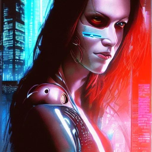 Prompt: Cyberpunk woman with eye implants, portrait shot, illustration, poster art by Drew Struzan
