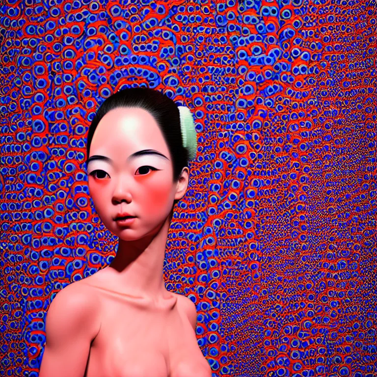 Image similar to hyperrealistic detailed image of a geisha in a art installation room, hd smooth interior by yayoi kusama, part by kei mieno, part by ross tran, dark art by james jean, ultra realistic, highly detailed, life like face, detailed body, 8 k, 3 d render by roger magrini, very cohesive, masterpiece