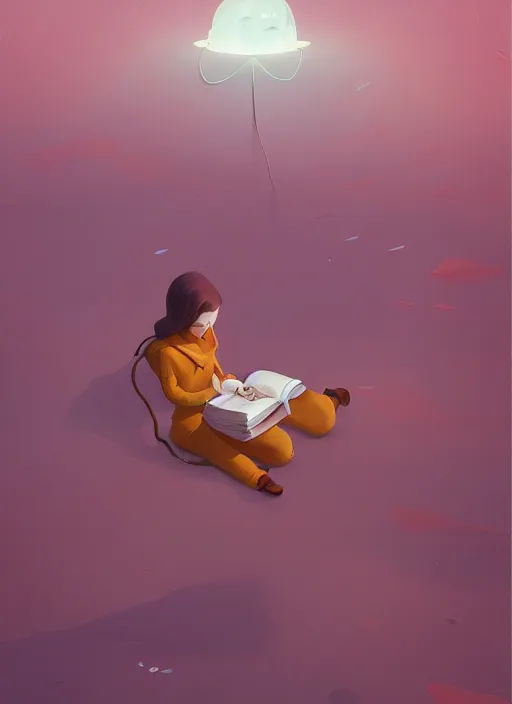 Image similar to a girl reading a book, her hair flowing down, surreal photography, digital painting, artstation, simon stalenhag