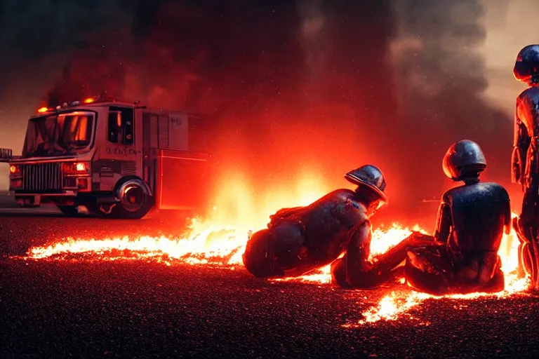 Image similar to vfx film closeup, dead robot couple on the ground holding hands, city street tire tracks fire. flat color profile low - key lighting award winning photography arri alexa cinematography, hyper real photorealistic cinematic atmospheric cool colorgrade