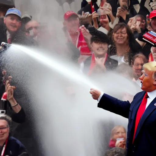 Prompt: donald j. trump spraying chocolate from his hands, chocolate spray landing on liberals