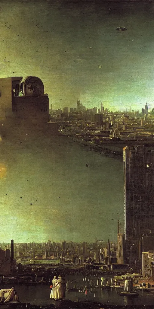 Prompt: a planetary sci-fi city by Canaletto, oil and canvas, masterpiece