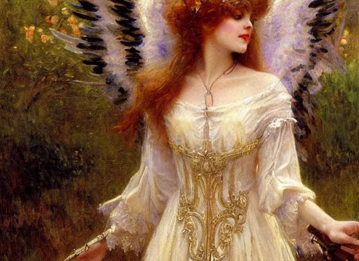 Image similar to horizontal prtrait of an angel knight gothic girl, baroque dress. by gaston bussiere