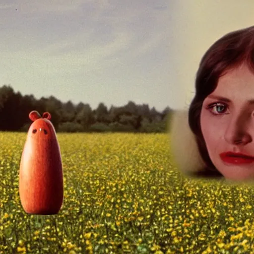 Prompt: a 1 9 7 7 beautiful woman and a 3 d rendering of an anthropomorphic apple in a meadow, color film still 1 9 7 7, tarkovsky