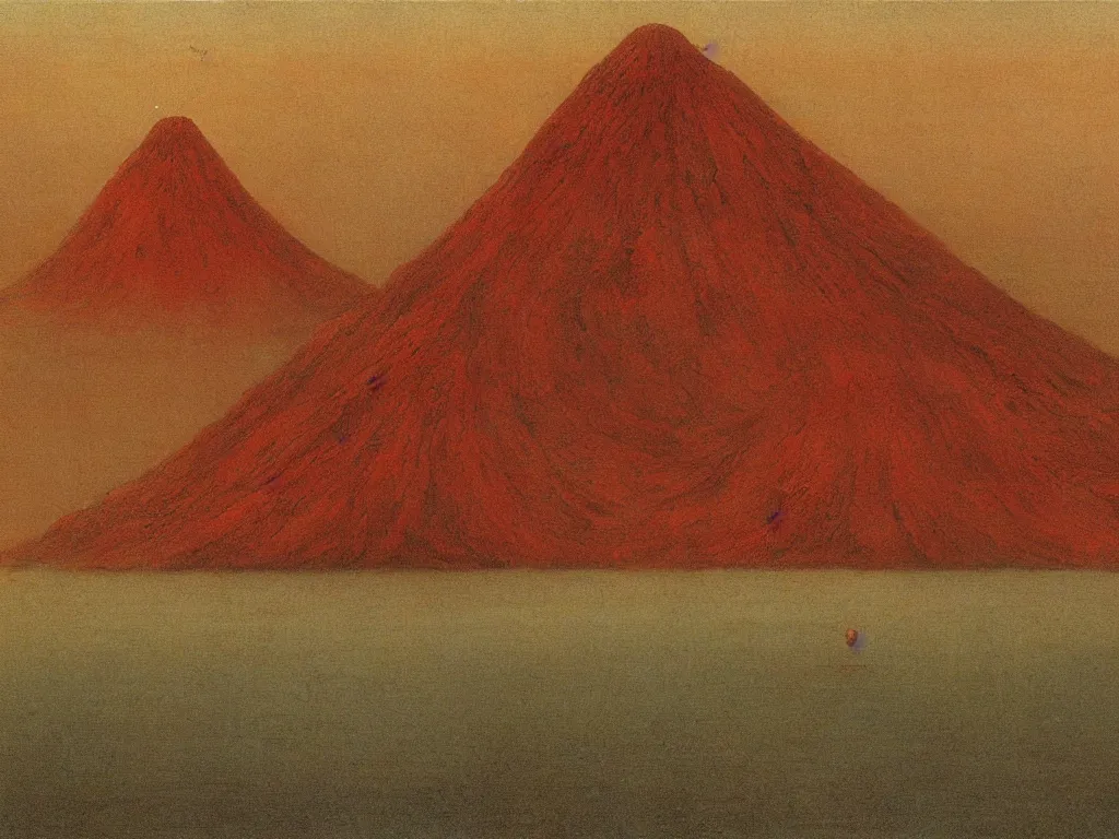 Prompt: Strange volcano made of cinnabar in the middle of the tsunami ocean. Painting by Beksinski, Roger Dean