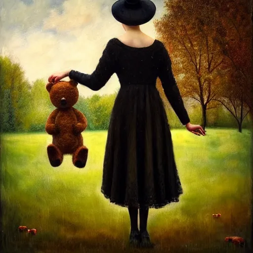 Image similar to a girl standing in a park, alone, wearing black dress and hat, holding teddy bear, detailed hands, by andrea kowch, dark, scene, magic realism