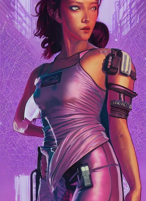 Image similar to beautiful cyberpunk female athlete in pink jumpsuit. lady cyberpunk katana. ad for cyberpunk katana. cyberpunk poster by james gurney, azamat khairov, and alphonso mucha. artstationhq. gorgeous face. painting with vivid color, cell shading. ( rb 6 s, cyberpunk 2 0 7 7 )
