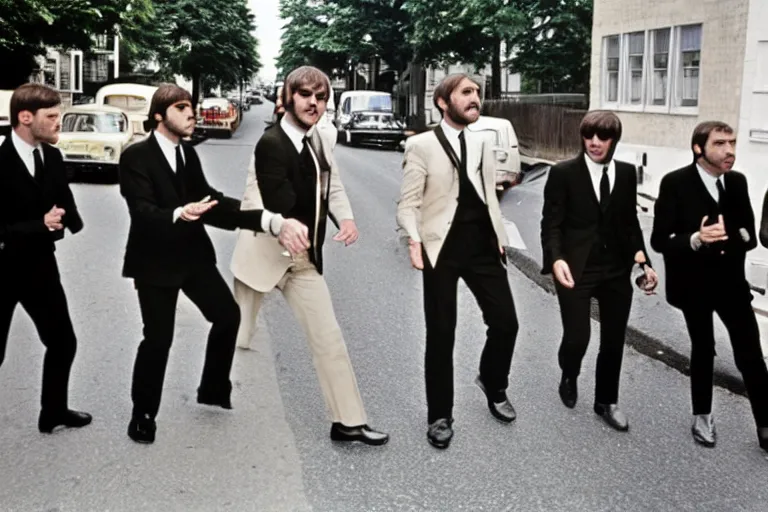 Prompt: sean connery as james bond with the beatles at abbey road recording studio, color photograph, 1 9 6 0 s