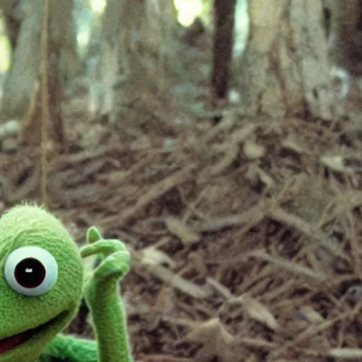 Image similar to a still of the kermit the frog in the blair witch project