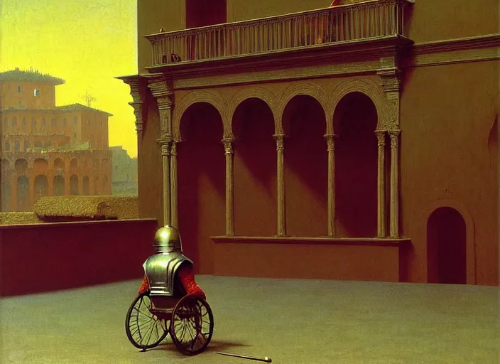 Image similar to knight in armor in a wheelchair do tricks & watch old tv, rome, highly detailed, soft lighting, elegant, by edward hopper and james gillard, zdislaw beksinski, stephen outram, andreas m wiese, carl spitzweg, highly detailed, masterpiece, unreal 6, 8 k