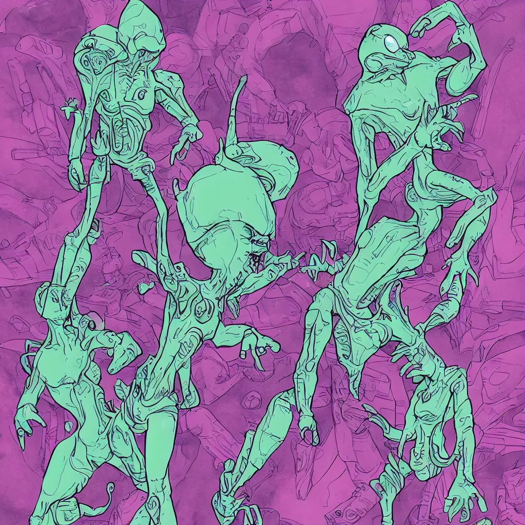 Prompt: alien street wear pastel palette on alien character models with Comic Book art style