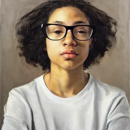 Prompt: portrait of a mixed race young woman wearing glasses, wearing a black t-shirt, oil on canvas, elegant pose, masterpiece, painting by Jenny Saville