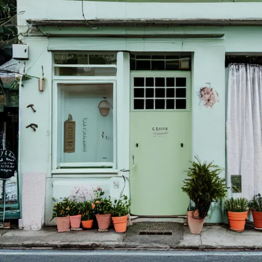 Prompt: A photo of a quaint flower shop storefront with a pastel green and clean white facade and open door and big window