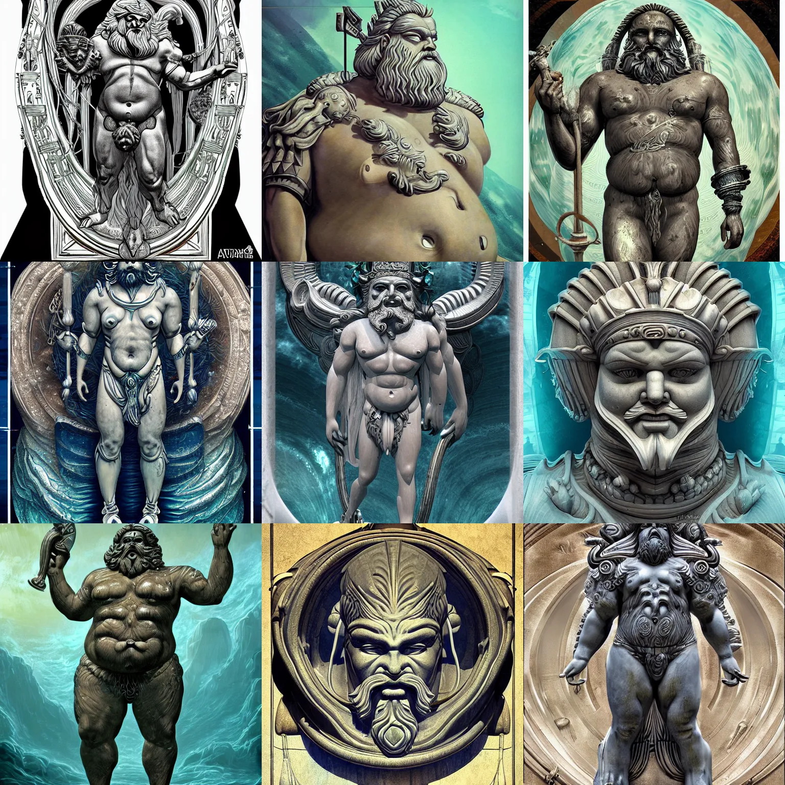 Prompt: fat greek god poseidon with white beard in ancient alien flora and fauna ocean sci-fi armor with ancient art-deco decor, giger style, stylized, highly detailed, trending on artstation, award winning