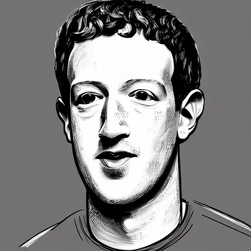 Prompt: a scribbled image of Mark Zuckerberg, linear illustration, black and white