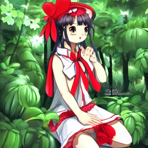 Prompt: a pixiv of reimu in the jungle wearing bonnet