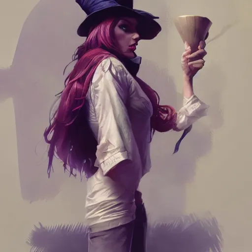 Prompt: realistic, full body portrait, alt female, mad hatter, style of by Jordan Grimmer and greg rutkowski, crisp lines and color,