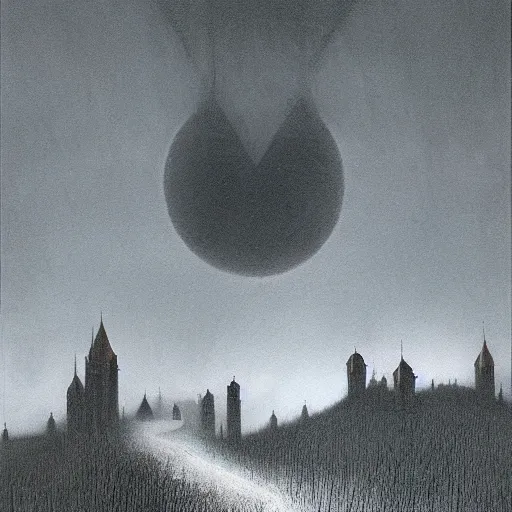 Image similar to A haunting dark castle stands over a misty orchard, a crescent moon dimly shines; lighting a small path that winds through the trees. A matte painting in the style of Wayne Barlowe, Zdzisław Beksiński, by Mordecai Ardon.