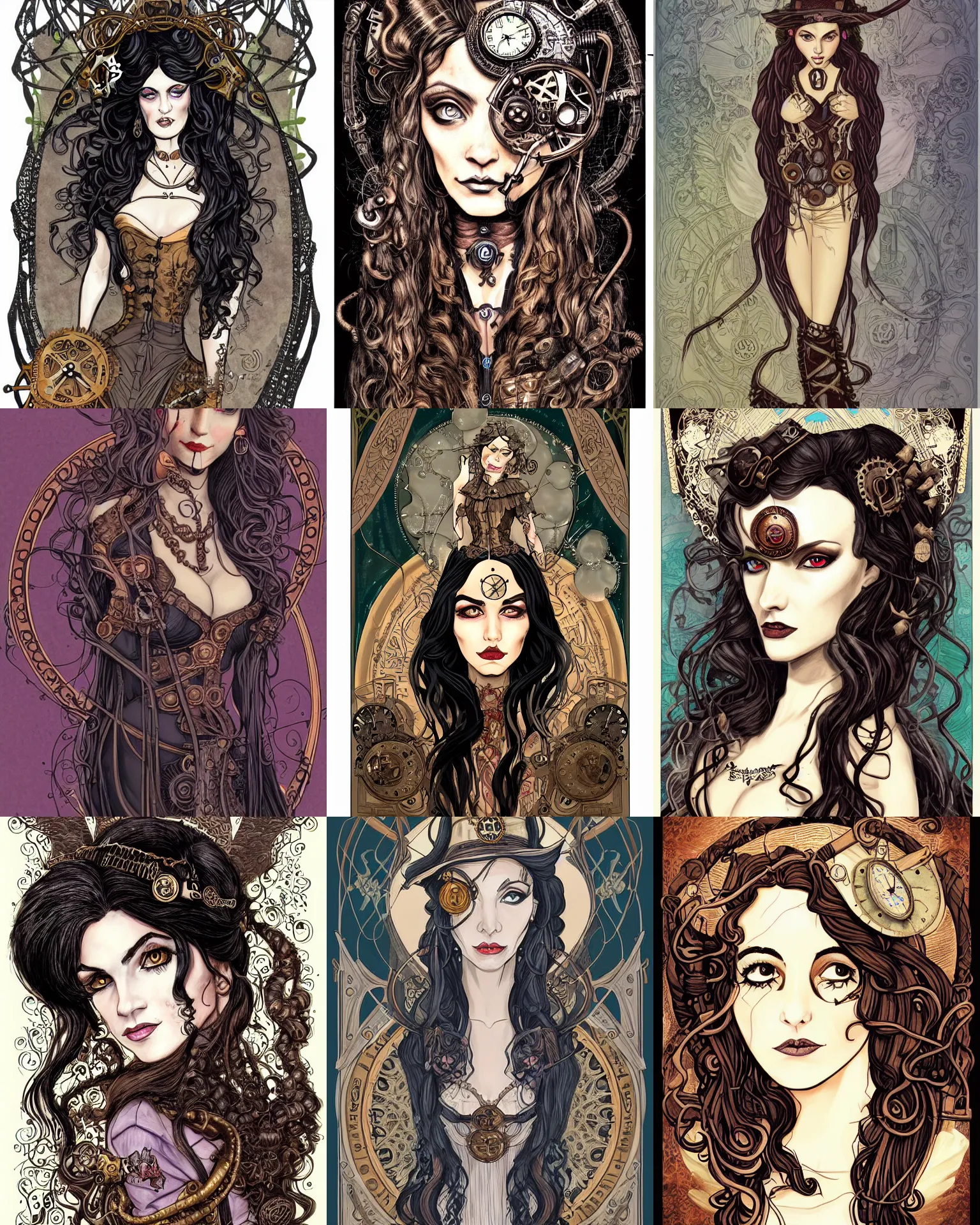 Prompt: portrait illustration of a steampunk nightwitch. beautiful feminin face, almond upturned eyes. dark long wavy hair. detailed, art nouveau, pop art, comic book style. influenced by neil gaiman, h. p. lovecraft, templierpainter, dos santos, jason chan, voitv, eyardt, marta nael.