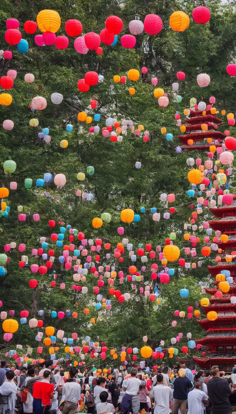 Prompt: pagoda in background, a few people drinking tea among paper lanterns, vibrant colors