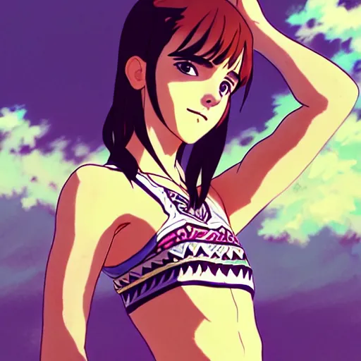 Image similar to a beautiful boyish emma watson alluring instagram model, wearing japanese hiphop aztec leotard outfit with mayan pattern and native style, aztec street fashion bathing suit, botw style, gapmoe yandere grimdark, trending on pixiv fanbox, painted by greg rutkowski makoto shinkai takashi takeuchi studio ghibli, akihiko yoshida