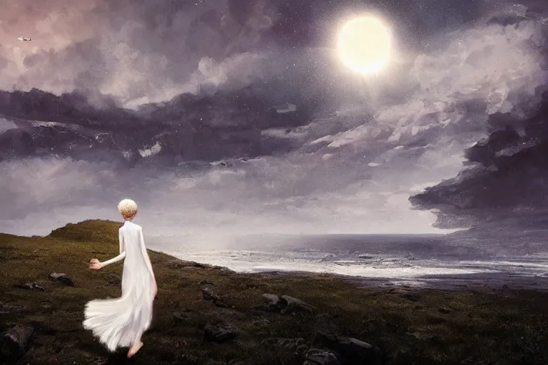 Image similar to giant white daisy flower over head, girl walking on cliff, surreal photography, solar eclipse, milky way, dramatic light, impressionist painting, clouds, digital painting, artstation, james gilleard and liam wong and jeremy mann