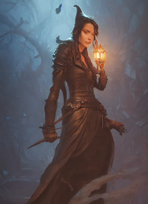 Image similar to cinematic lighting, portrait of a ruggedly handsome female witch, soft hair, half body, leather, d & d, fantasy, intricate, elegant, highly detailed, digital painting, artstation, concept art, smooth, sharp focus, illustration, art by artgerm and greg rutkowski and alphonse mucha