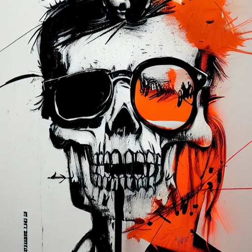 Image similar to Graphic Illustration, Creative Design, Skull, techwear, Cyberpunk, Portrait, Character Design, graffiti, by Ralph Steadman, Francis Bacon, Hunter S Thompson