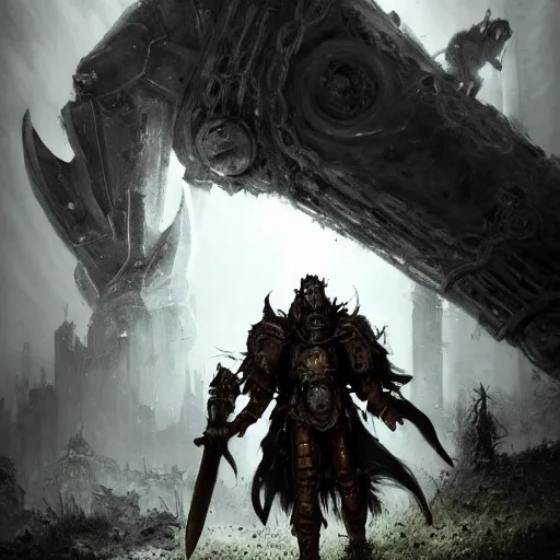 Image similar to Photo of a futile human approaching a giant sentinel king wielding a mythical blade in the abandoned ruins, terror, hysterical, horrifying, digital art, destruction, the void, ominous, crown, fear, very detailed, evil, trending on artstation, intricate details, high definition, 16k, Artstation, by John Wallin Libert, Dark Souls, Elden Ring