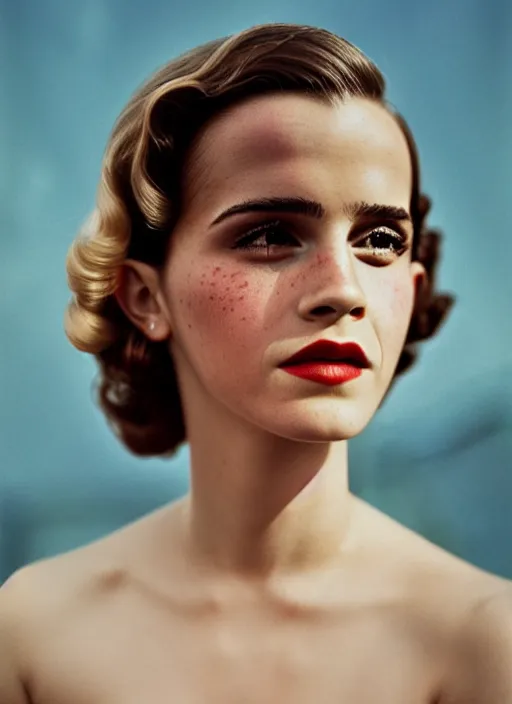 Image similar to Retro color photography 1940s portrait Hollywood headshot of Emma Watson Cinestill 800T, 1/2 pro mist filter, and 65mm 1.5x anamorphic lens