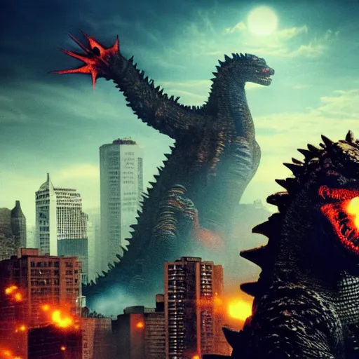 Prompt: Heisei-era Godzilla rampaging through a city, Godzilla, Gojira