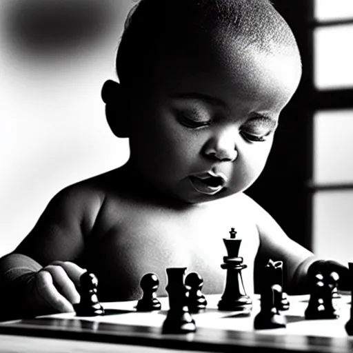 Prompt: black and white portrait photo of a baby scratching his head, looking at a chess board, confused, annie liebovitz,
