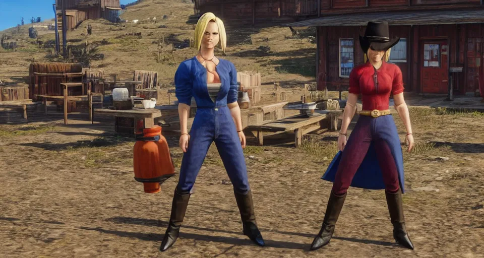 Image similar to Screenshot of Android 18 from DBZ in western attire in the videogame 'Red Dead Redemption 2' in a saloon environment. Sharpened. 1080p. High-res. Ultra graphical settings.