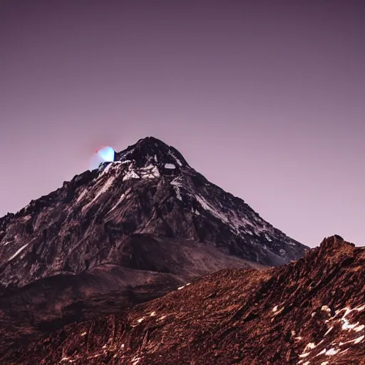 Image similar to a black dot in the sky stretching out a mountain, dark lighting, landscape