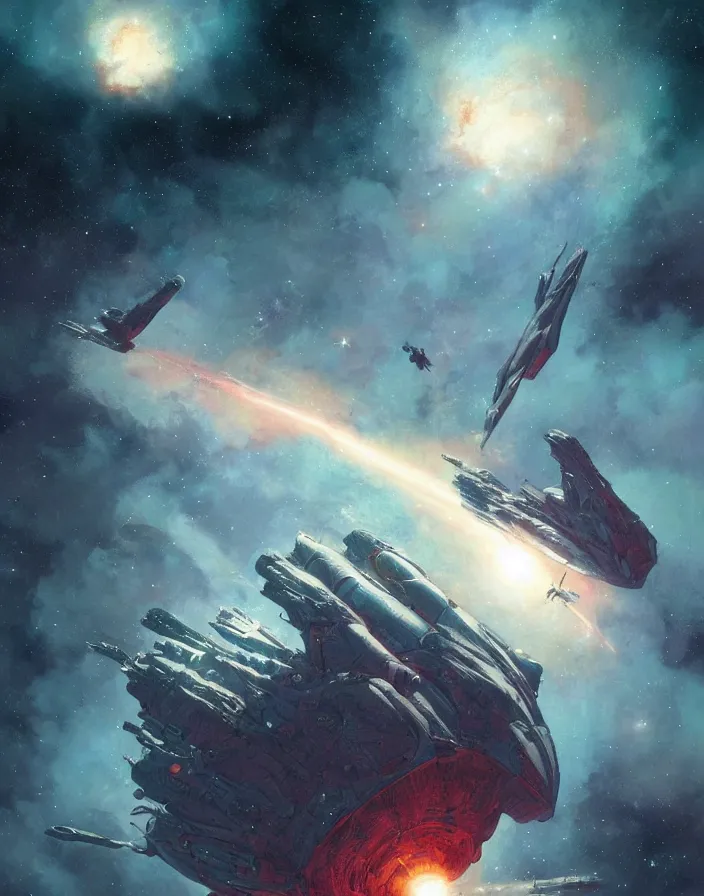 Image similar to illustrated by moebius and greg rutkowski, giant spaceship, nebulae, starry sky, vintage cover of sci - fi magazine