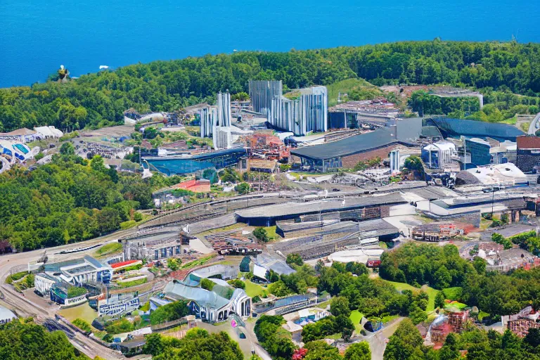 Image similar to bird's eye view photography of a small city. town hall, central farm, monorail station, beach and shipping dock. hills, woods and pond to the north.