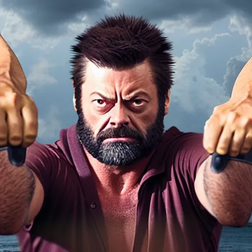 Image similar to logan wolverine pictured as nick offerman with 3 identical claws released off his wrist, photorealistic marvel movie still, imdb, detailed, 8 k, poster photosession style