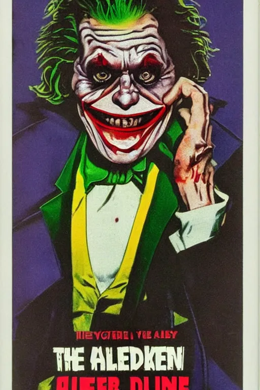 Prompt: Willem Dafoe as the Joker on a 1980s horror movie VHS cover, vintage 80s, scary, horrifying, terror