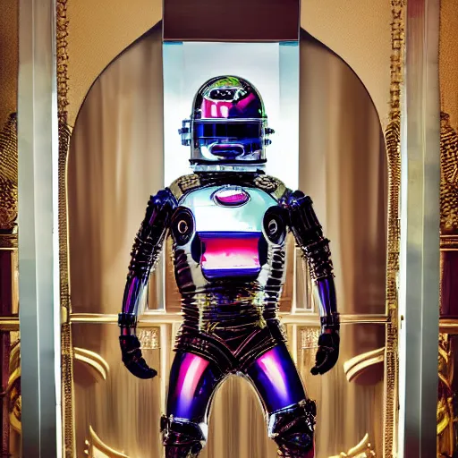 Image similar to architectural digest portrait photo, inside a futuristic ornate rococo bedroom made out of shiny reflective chrome and rubber and exotic woods, huge window showing a distant colorful planet, futuristic android with limbs made out of stretchy rubber tubing and latex mixed with shiny chrome gauntlets and chest piece and mask
