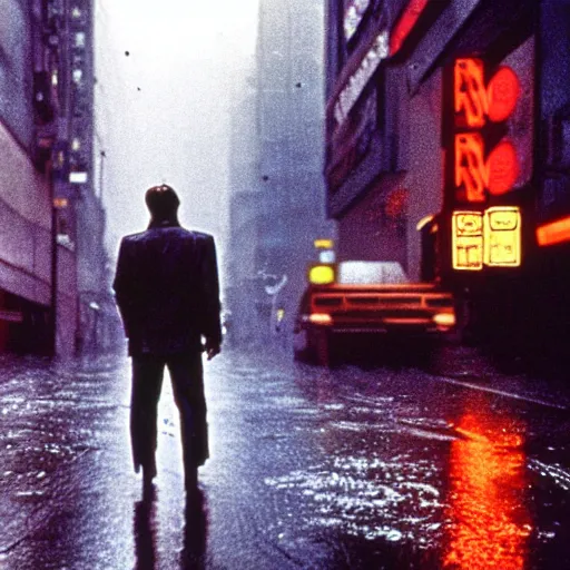 Prompt: David bowie in a rainy bladerunner city street, movie still 4k