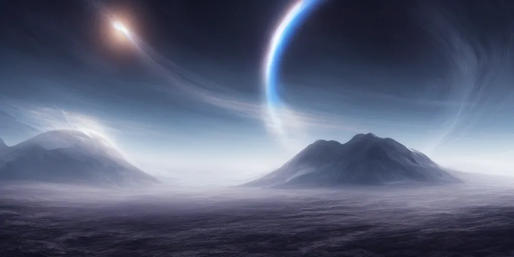 Prompt: A black hole with a glowing accretion disk, viewed from the surface of a blue ocean planet, sparse mountains on the horizon, clouds, light fog, dramatic lighting, stunning, art by Jessica Rossier